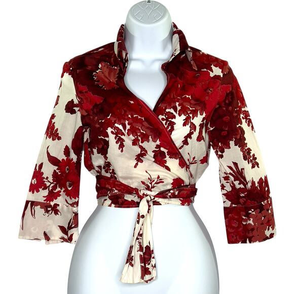 Hache 4 Red Floral Cropped True Wrap Top Deep V Collared Tie Front - Picture 1 of 9